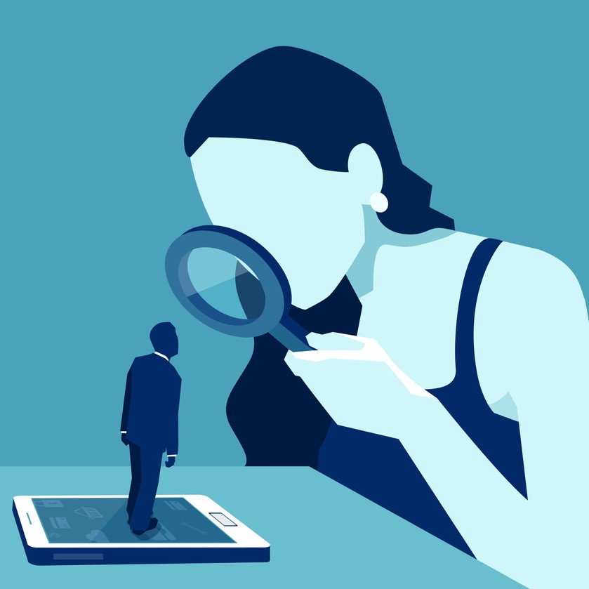 Vector of a woman with magnifying glass looking at a man standing on a modern gadget device, smartphone or tablet